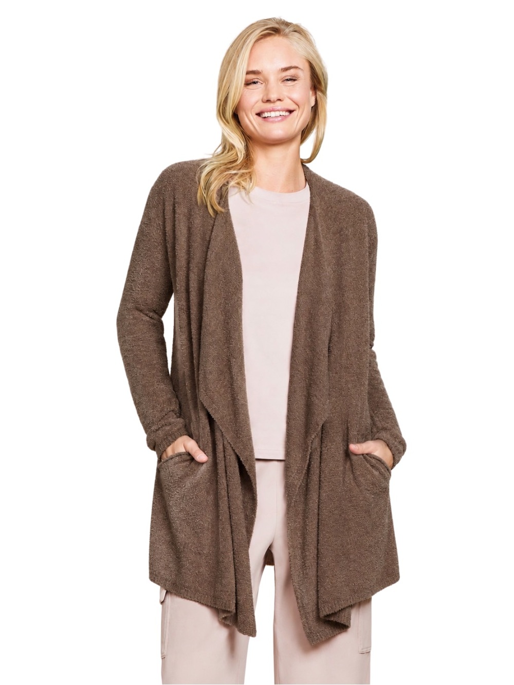 Barefoot Dreams CozyChic Lite Island Wrap Draped Open-Front Cardigan, Taupe S/M